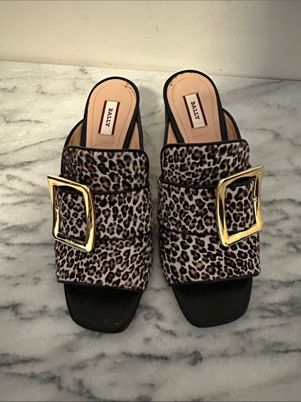 Bally Leopard Print side gold Buckle Mules - Women's Slip-On Heels size 37